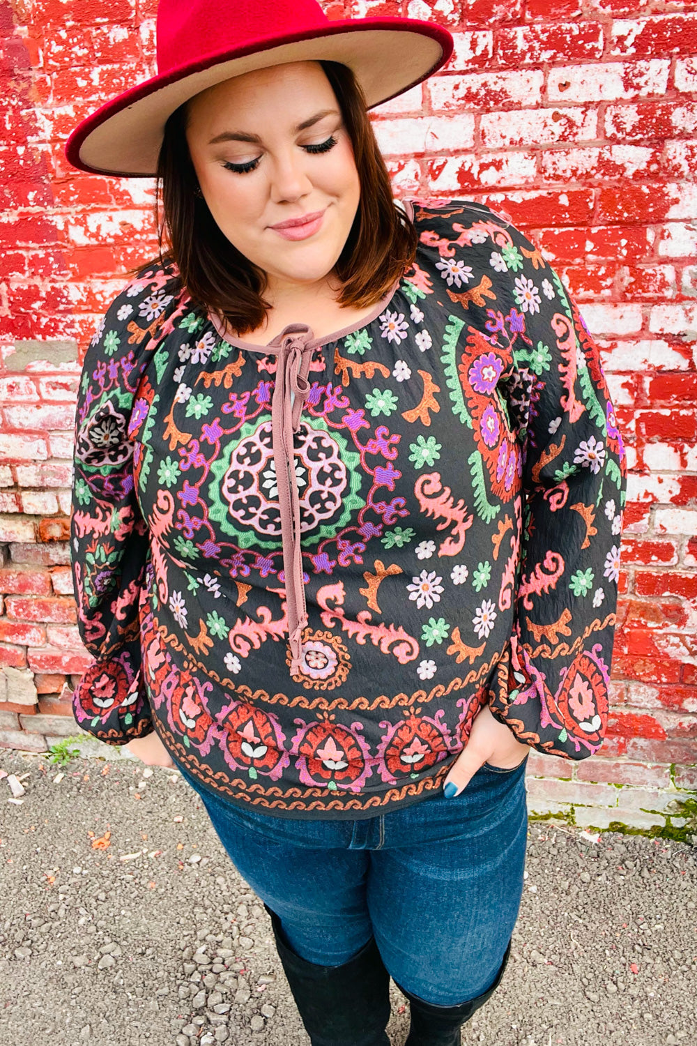 Take The Leap Black & Mauve Border Print Boho Tie Top (Open Pack)