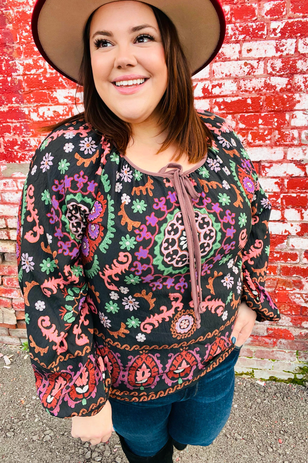 Take The Leap Black & Mauve Border Print Boho Tie Top (Open Pack)
