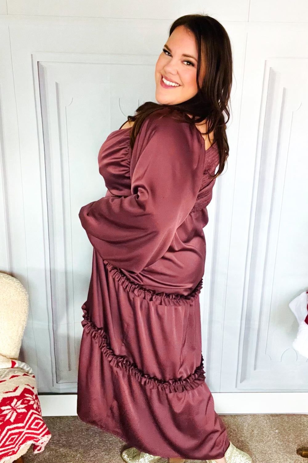 Holiday Vibes Wine Satin Front Overlap Smocked Back Maxi Dress (Open Pack)