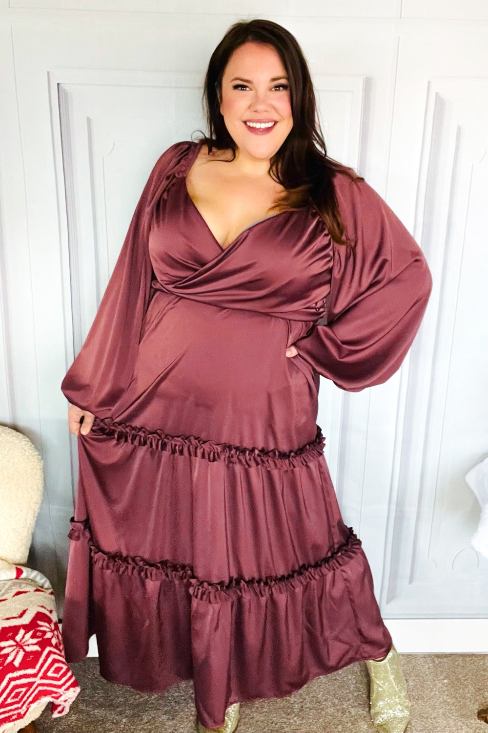 Holiday Vibes Wine Satin Front Overlap Smocked Back Maxi Dress (Open Pack)