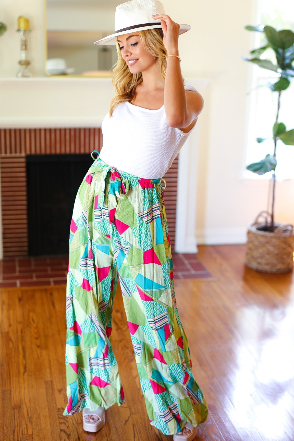 PLUS Feeling Couture Ivory & Mint Corded Geo Print Wide Leg Jumpsuit (Open Pack)