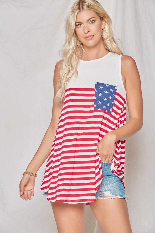 Ivory Color Block Stripe Star Pocket Tank Top
