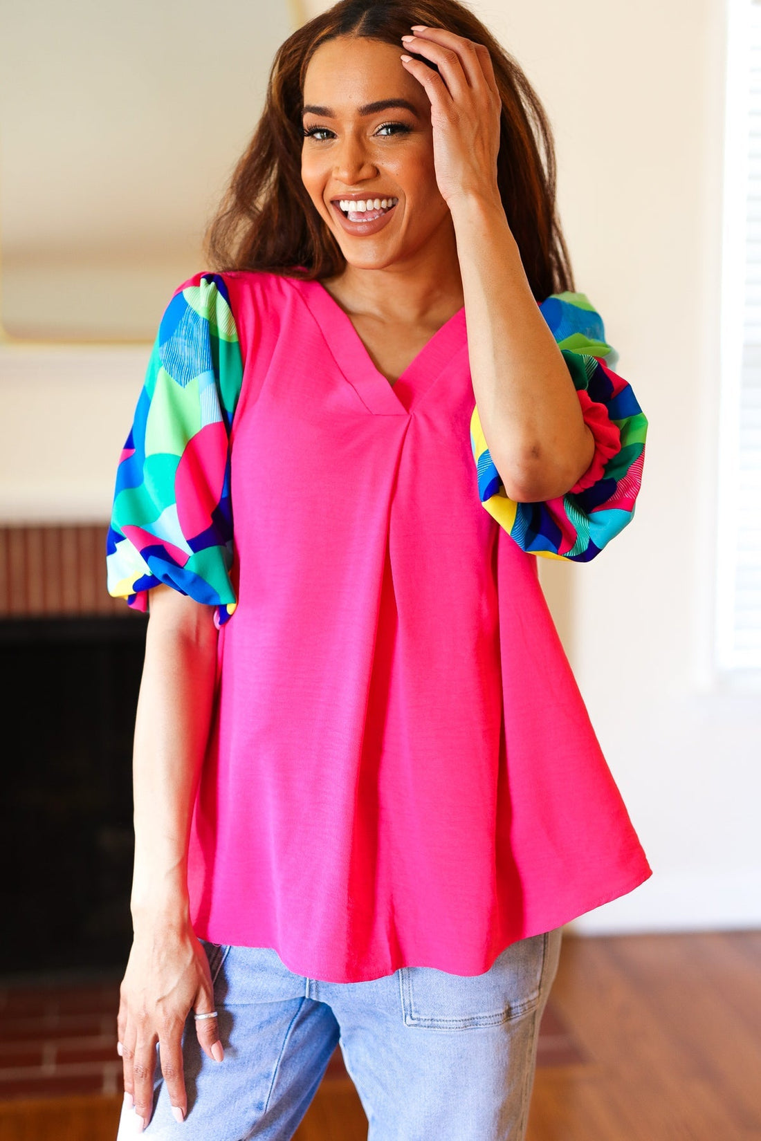 Tell Your Story Fuchsia Geo Print Puff Sleeve V Neck Top (Open Pack)