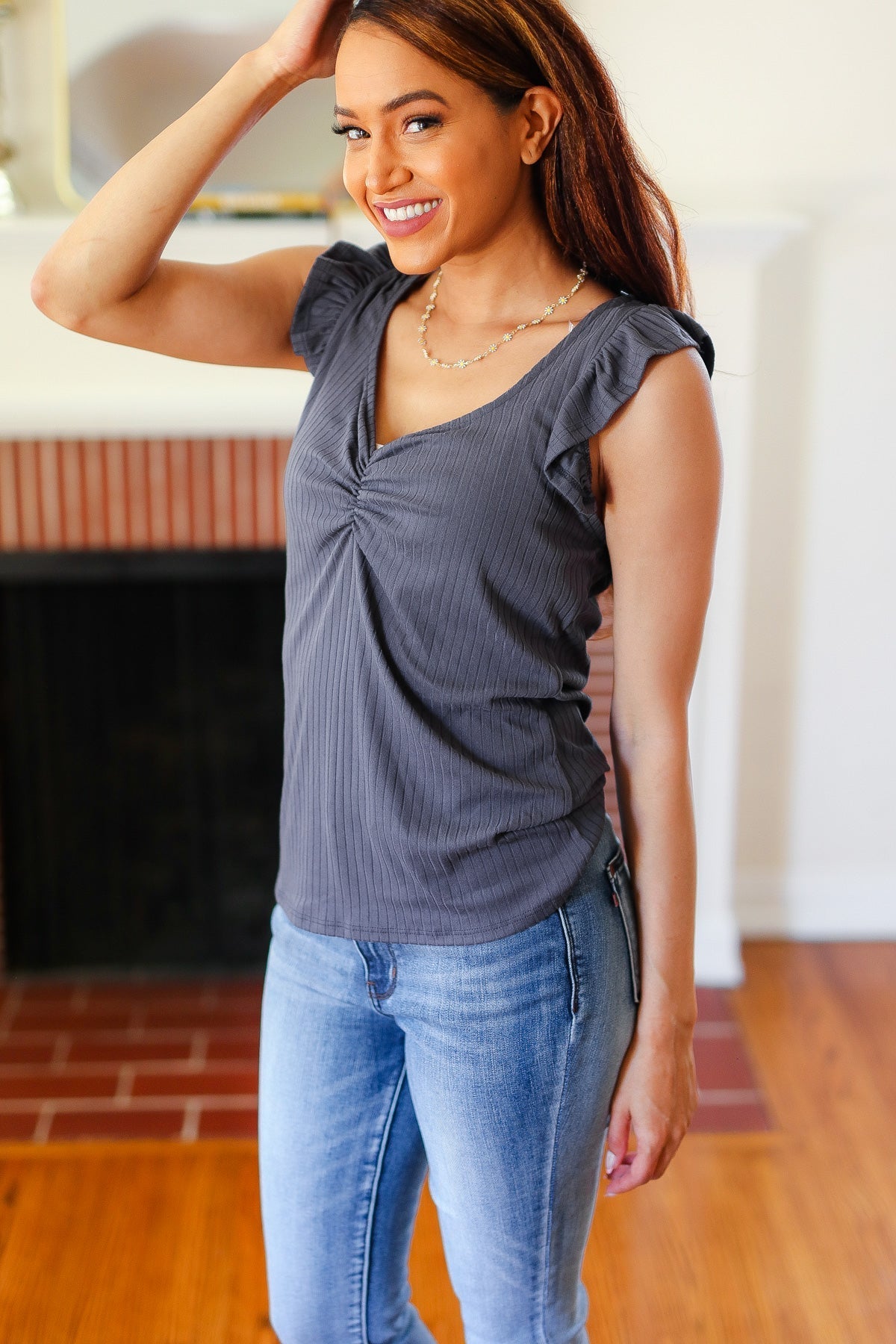 Sunny Days Charcoal Neckline Ribbed Top (Open Pack)