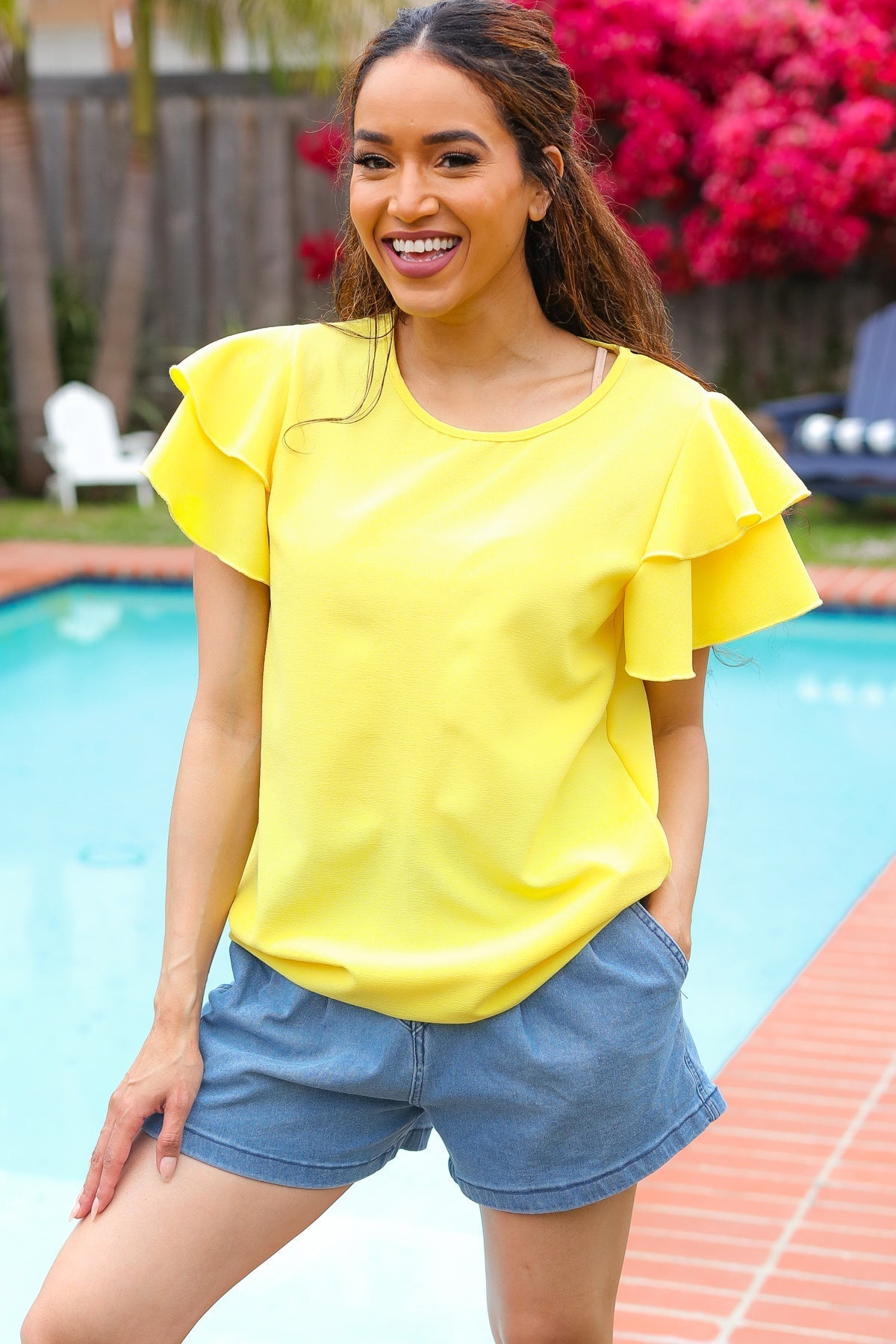 Lovely In Yellow Tiered Double Ruffle Sleeve Woven Top (Open Pack)