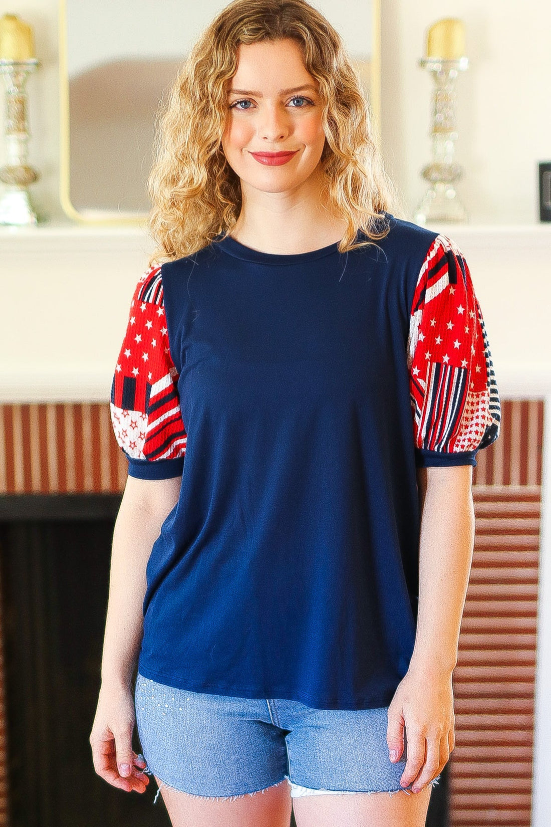 Stand-Out Navy Patriotic Patchwork Puff Sleeve Top (Open Pack)