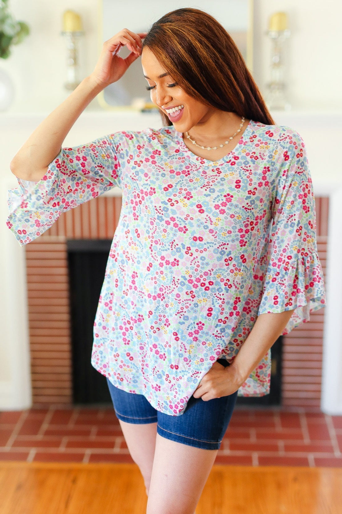 Feeling It Blue Floral Print Ruffle Three Quarter Sleeve Top (Open Pack)