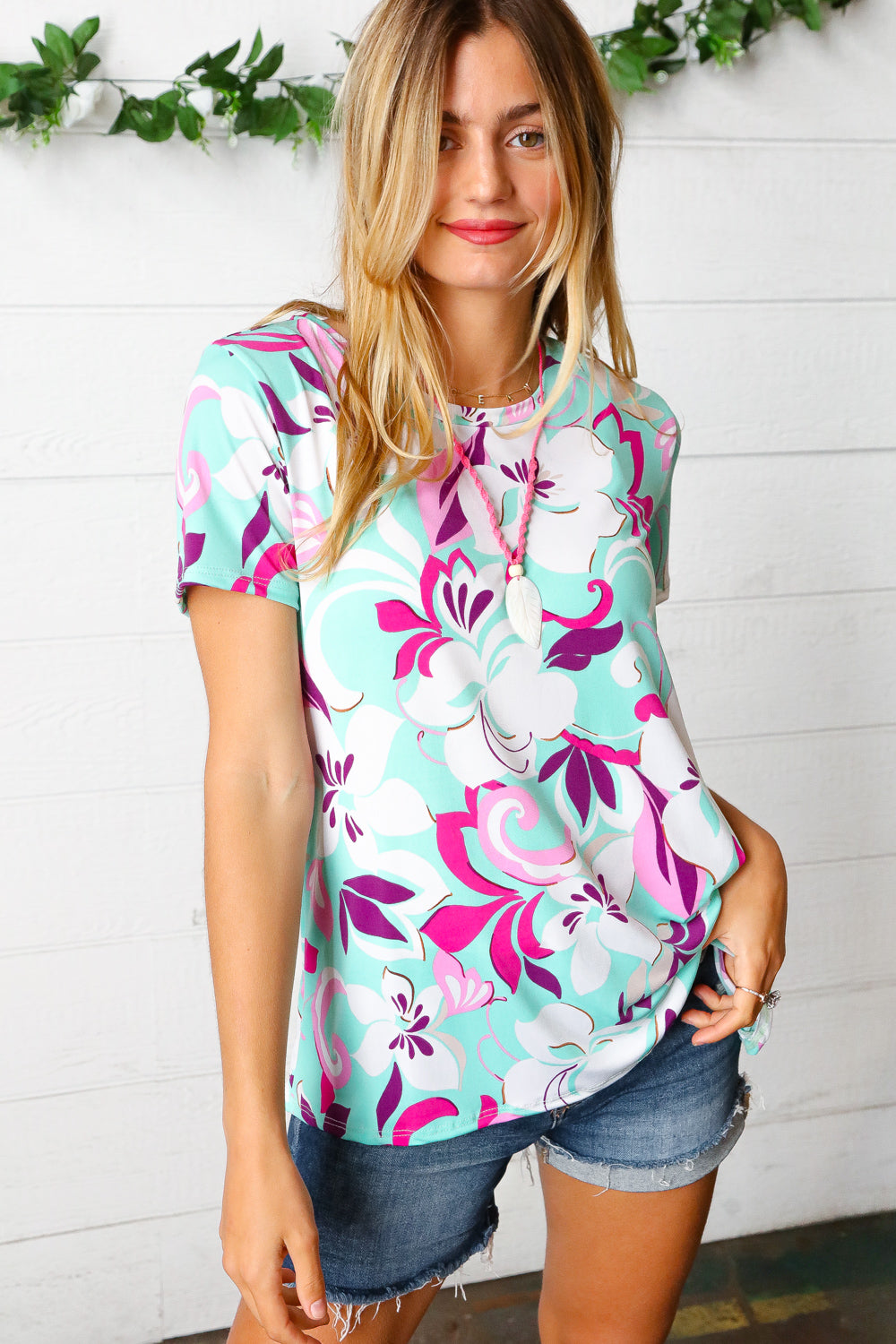 Turquoise & Purple Flat Floral Print Top (Open Pack)