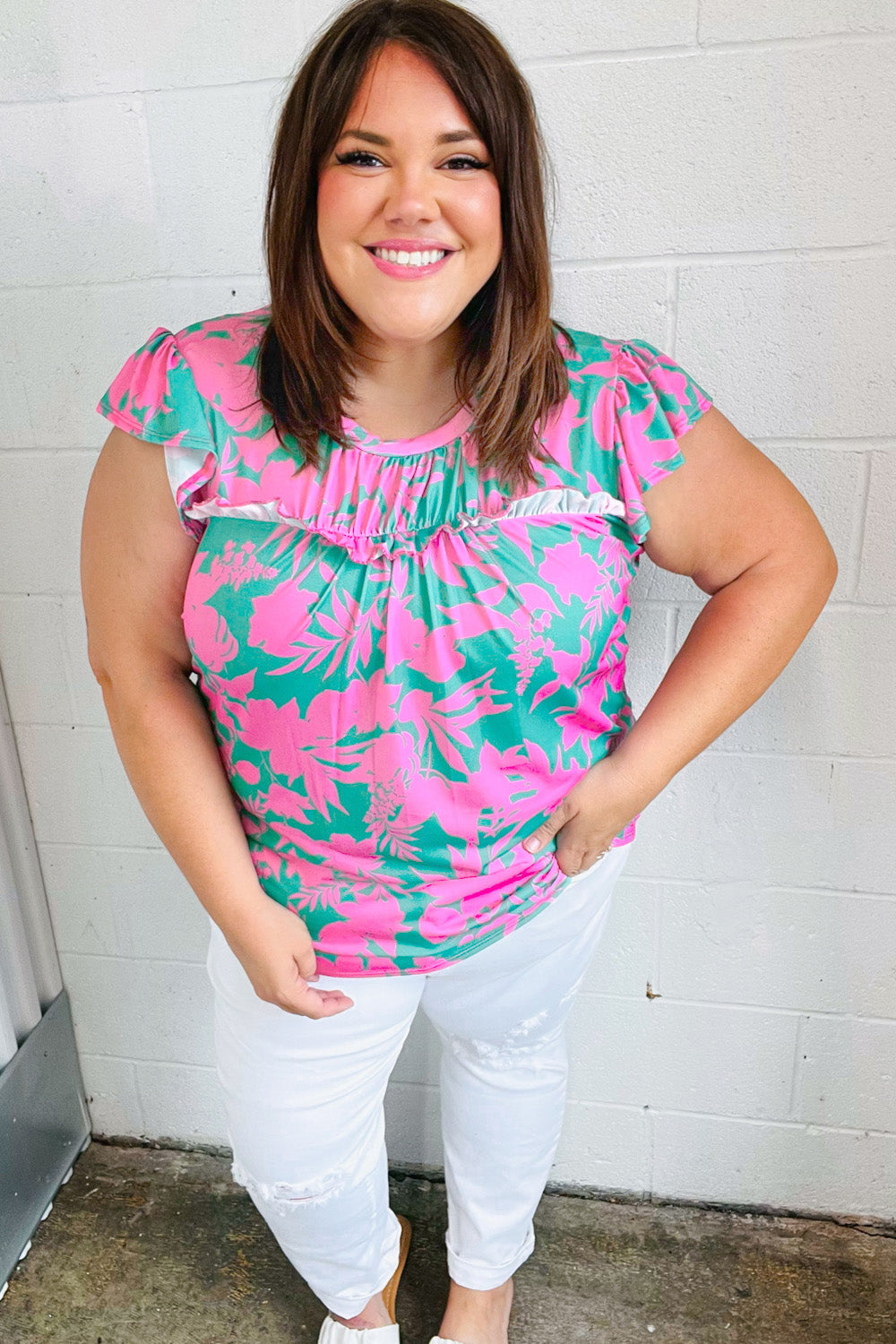 Pink & Green Floral Print Frilled Short Sleeve Yoke Top (Open Pack)