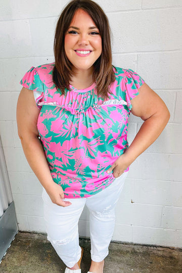 Pink & Green Floral Print Frilled Short Sleeve Yoke Top (Open Pack)