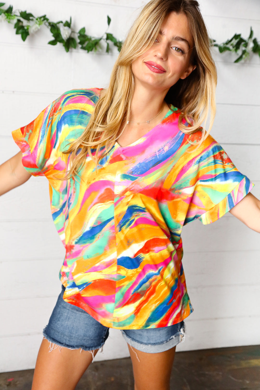 Watercolor Paint Strokes V Neck Top (Open Pack)