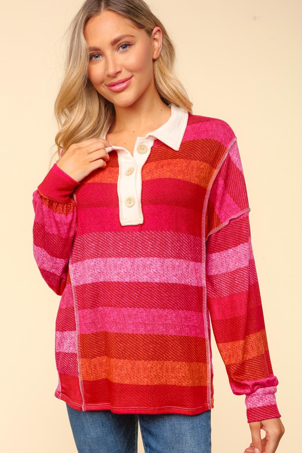 Plus Collared Hacci Stripe Knit Top