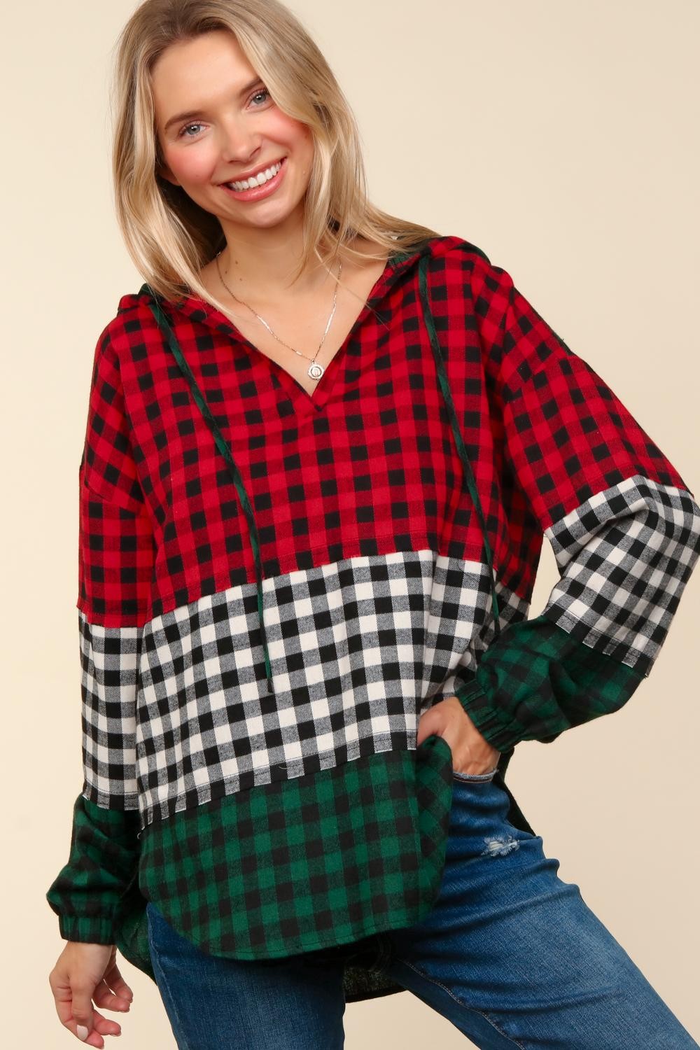 PLUS NOTCHED NECK COLOR BLOCK PLAID HOODIE TOP