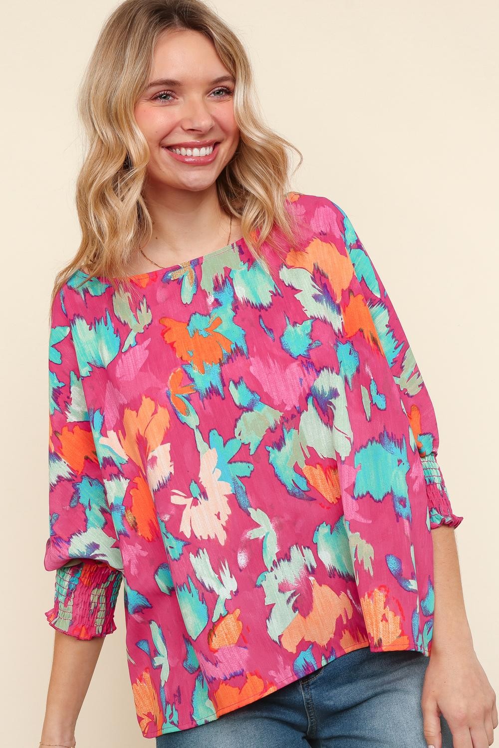 PLUS FUCHSIA OVERSIZED ELBOW SLEEVE W/ SMOCKING WOVEN TOP