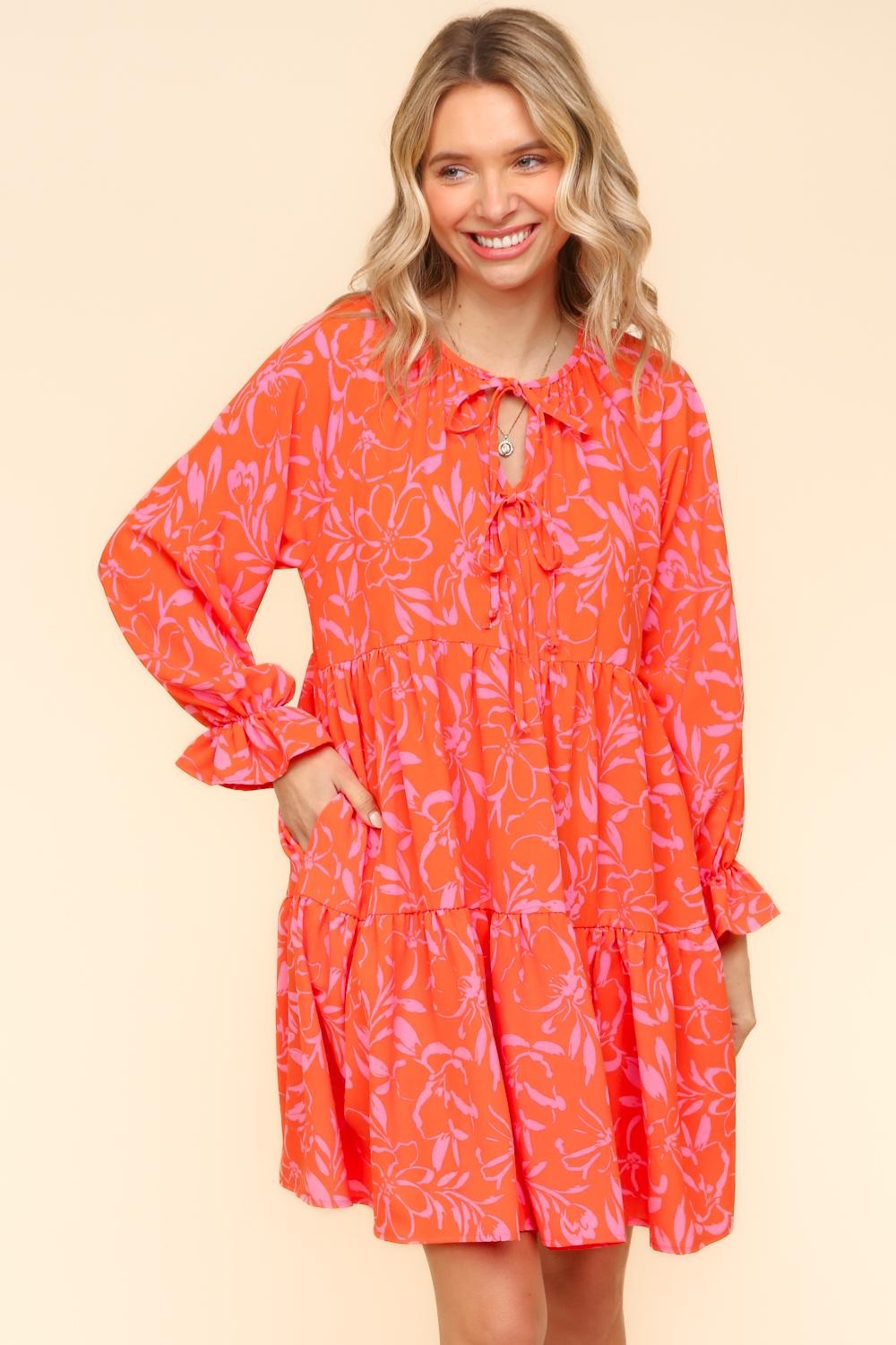 CORAL KNEE LENGTH WOVEN DRESS W/ RIBBON TIED DETAIL