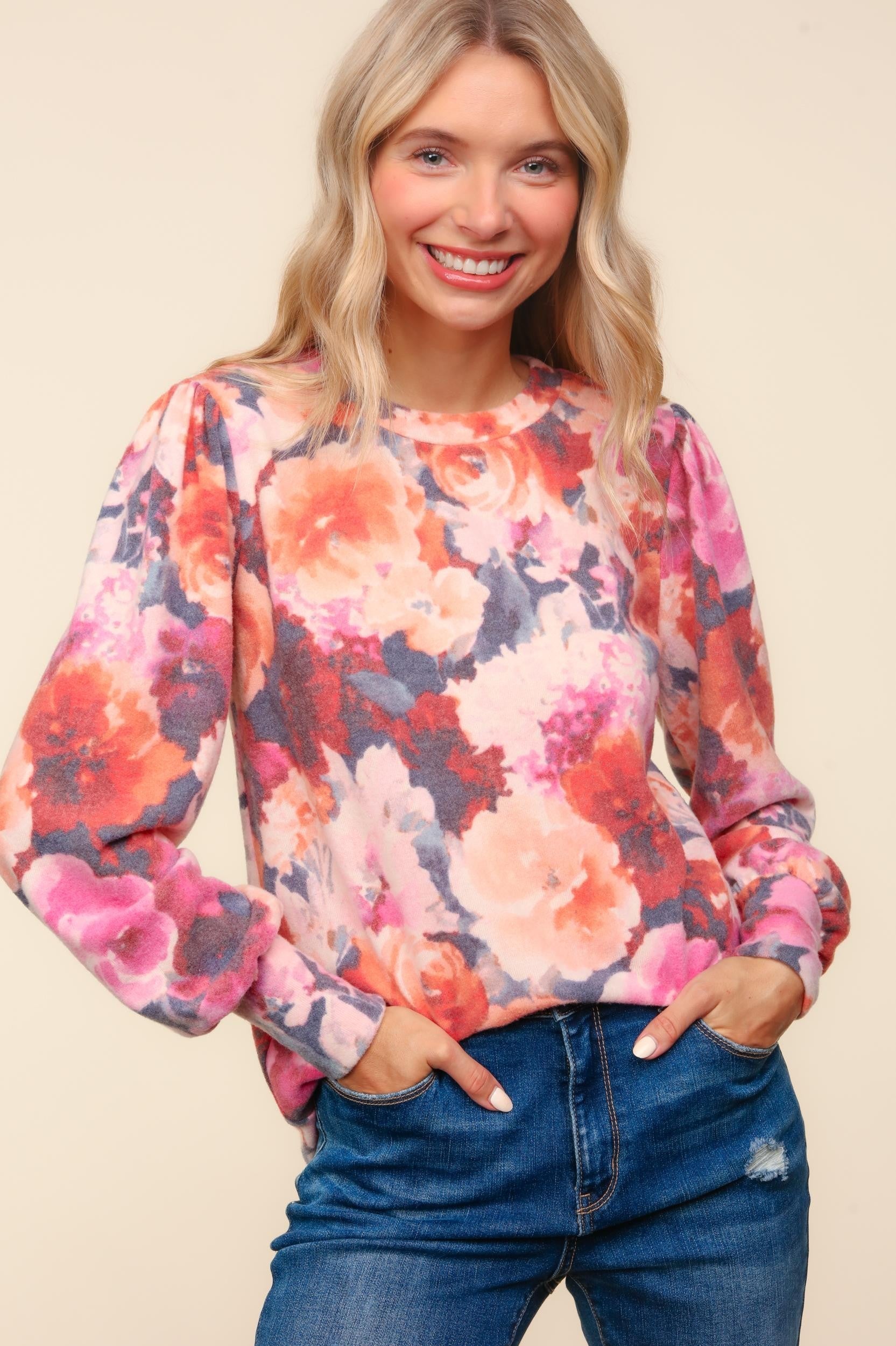 Plus Round Neck Ruff Floral Brushed Hacci Knit Top