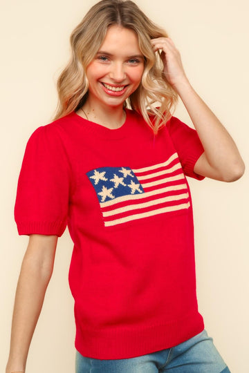 Plus American Flag Jacquard Sweater Knit Top