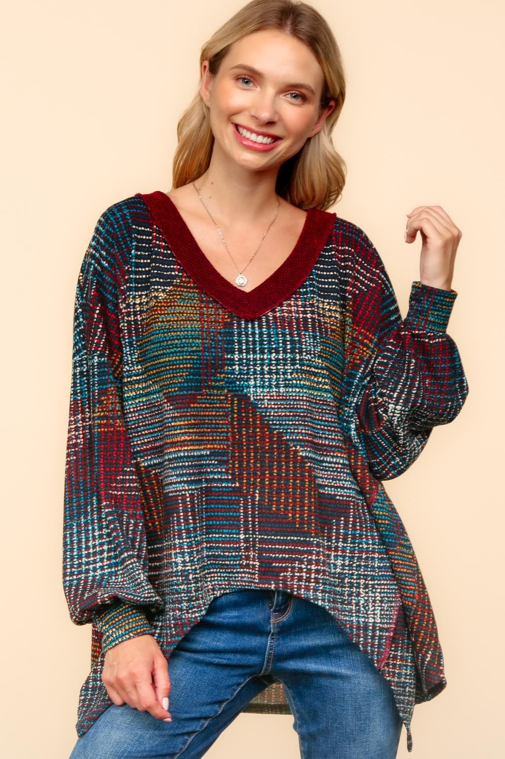 PLUS SOFT HACCI CHECKER PRINT SHARK BITE KNIT TOP