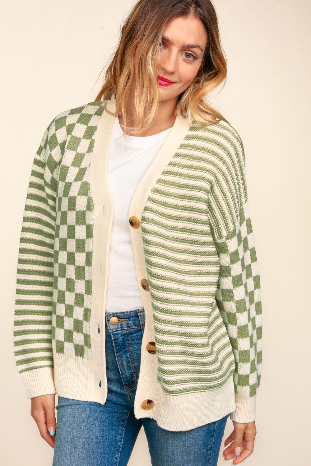 BUTTON DOWN CHECKER STRIPE SWEATER CARDIGAN