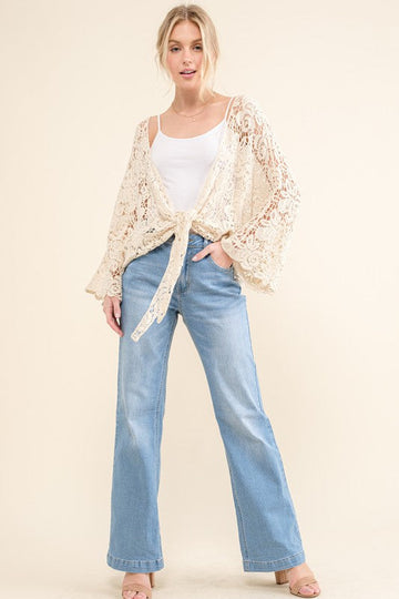 PLUS IVORY CROCHET TIE HEM CARDIGAN