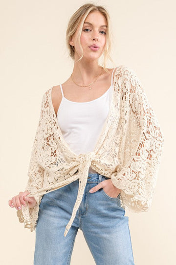 IVORY CROCHET TIE HEM CARDIGAN