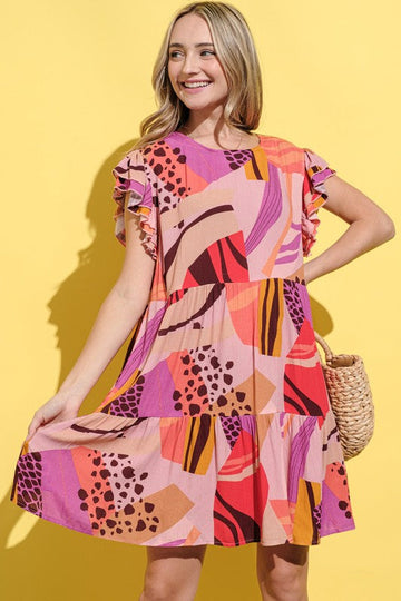 Printed Double Ruffles Sleeve Casual Dress