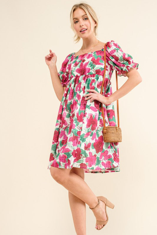 Plus Floral Print Sheer Gridded Puff Sleeve Top