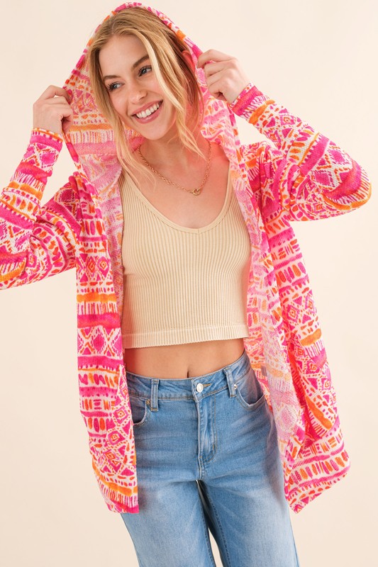 Coral Multi Printed Thermal Hoodie Casual Cardigan