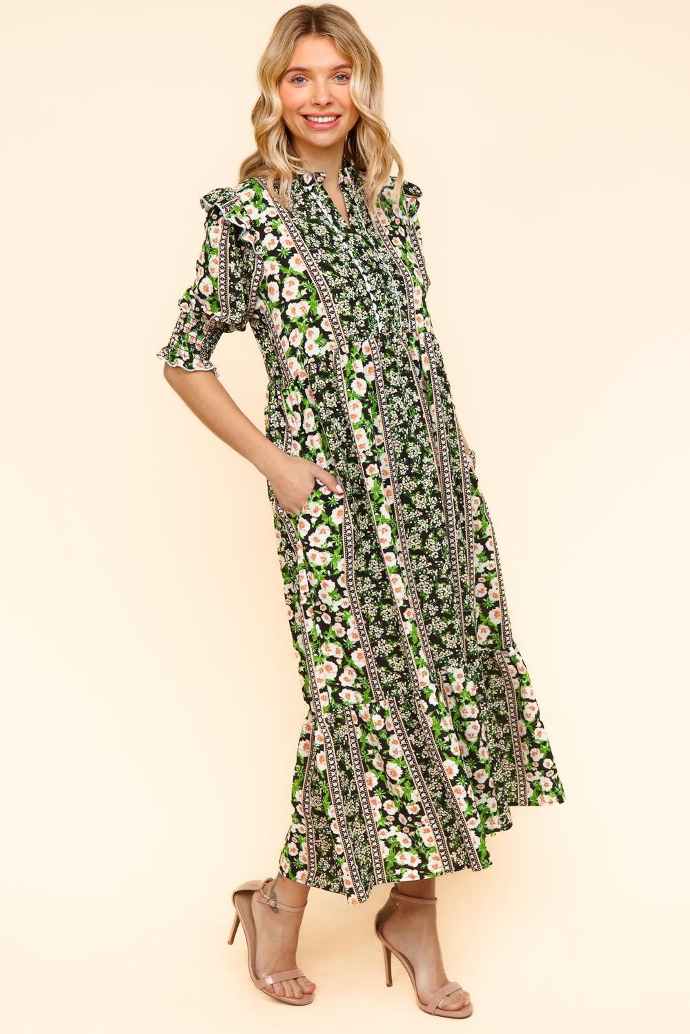 PLUS RUFFLED NOTCH NECK BABYDOLL FLORAL MIDI DRESS