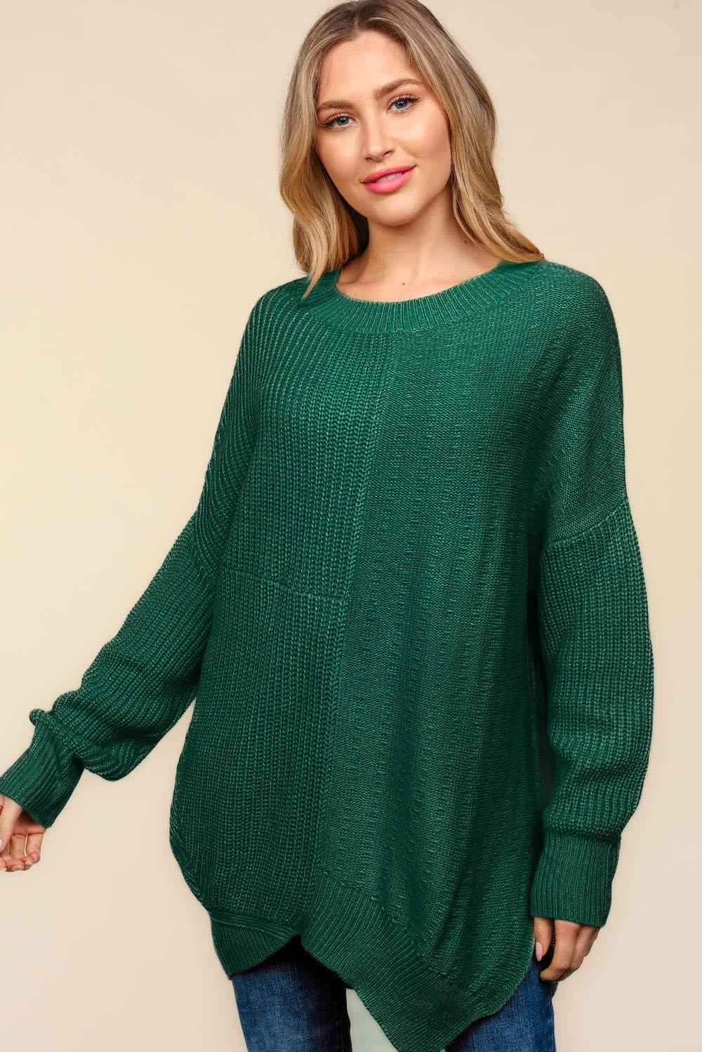 PLUS SOLID PATTERNED ASYMMETRIC SWEATER KNIT TOP