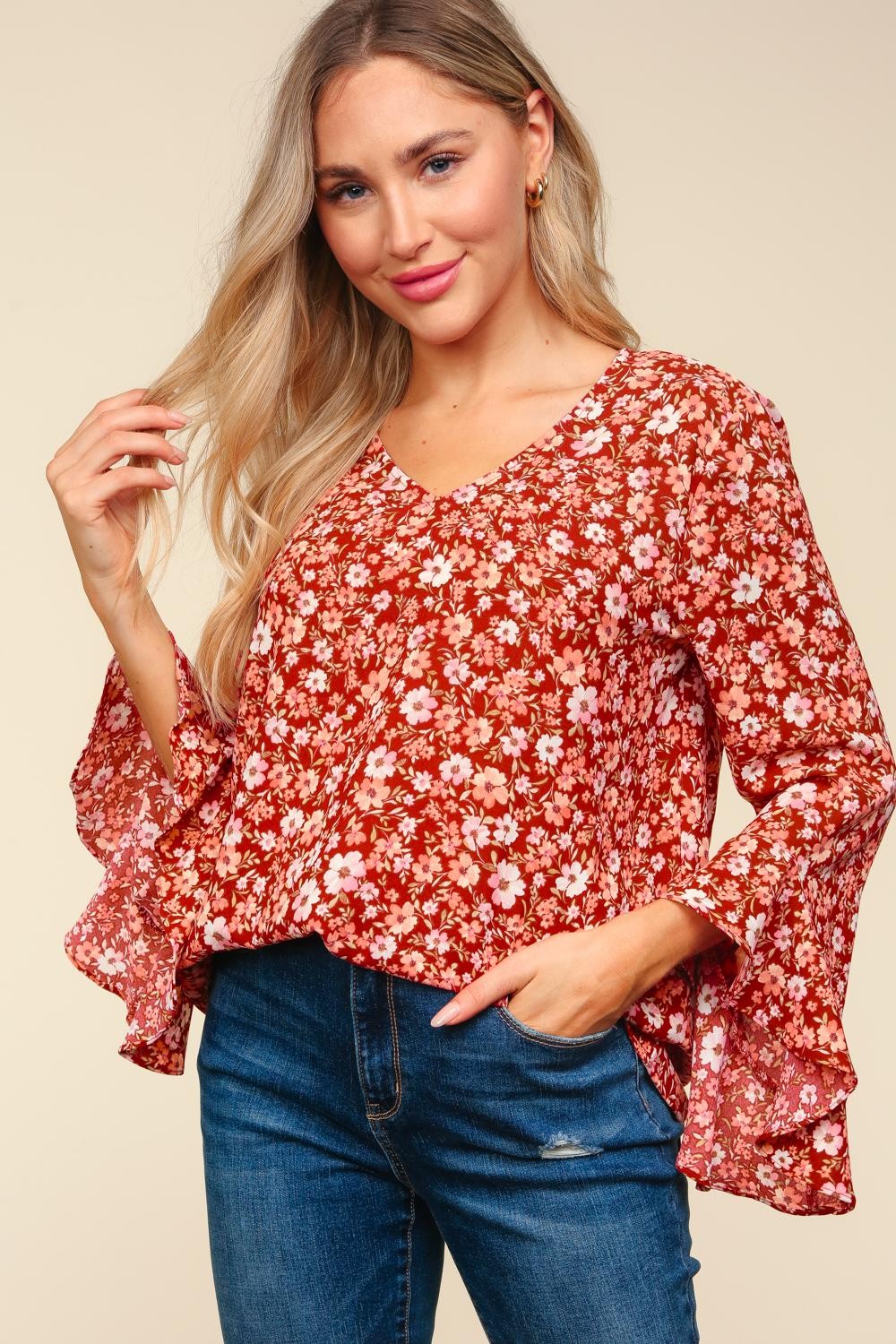 Plus Burgundy Waterfall Hi Low Three Quarter Sleeve Woven