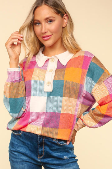 Plus Collared Placket Washed Plaid Knit Top