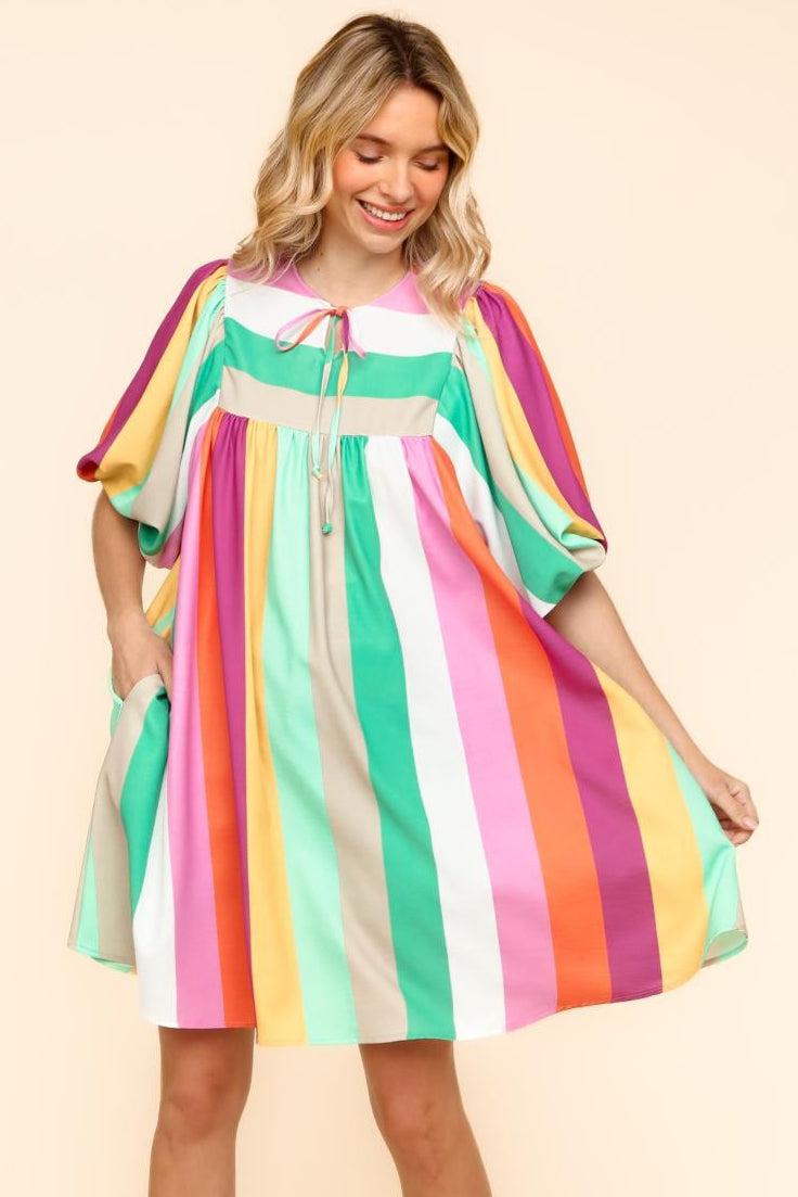 BABYDOLL MULTICOLOR STRIPE DRESS WITH SIDE POCKETS