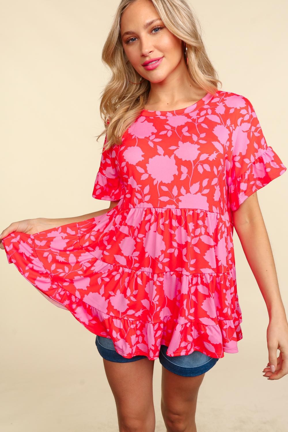 PLUS CORAL BABYDOLL PEPLUM FLORAL PRINT KNIT TOP