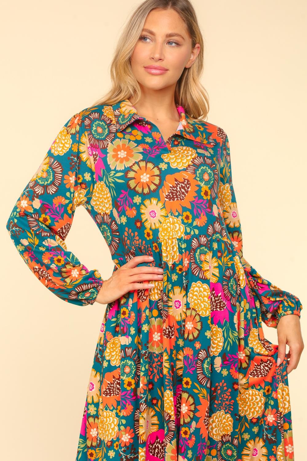 Teal Collared Maxi Floral Dress with Side Pockets