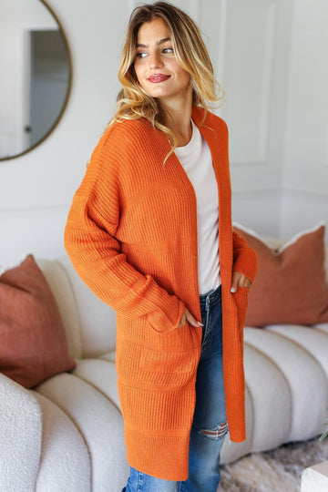Plus Rust Stripe Textured Open Cardigan with Pockets
