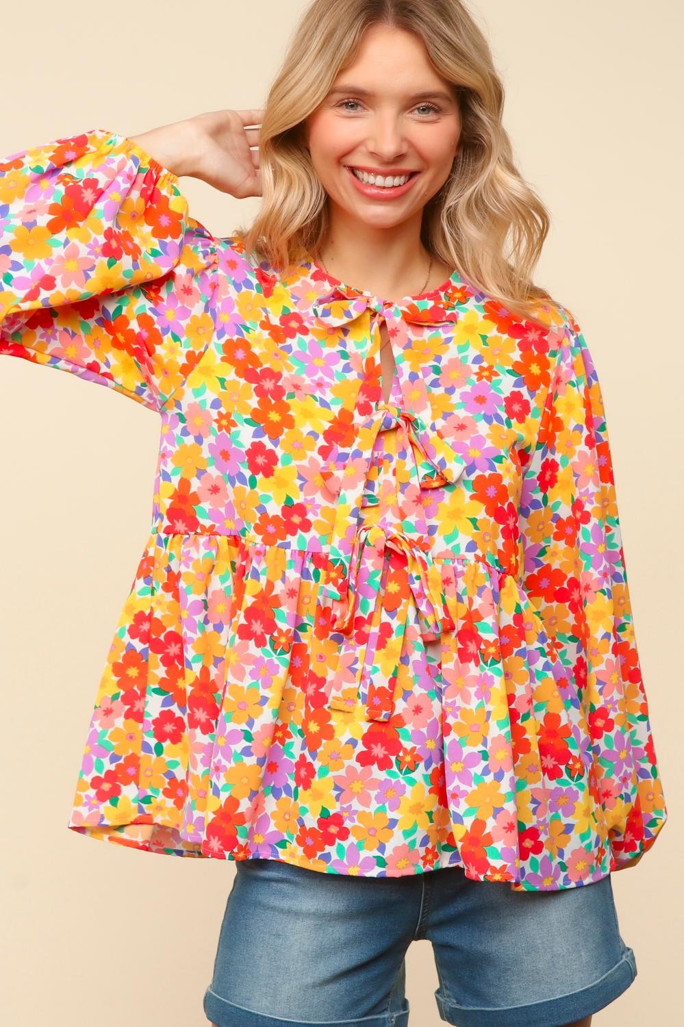 PLUS FRONT RIBBON BOW TIE FLORAL PRINT WOVEN TOP