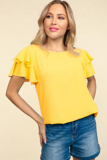 Plus Yellow Double Ruffle Flutter Short Sleeve Woven Top (3-2-0)