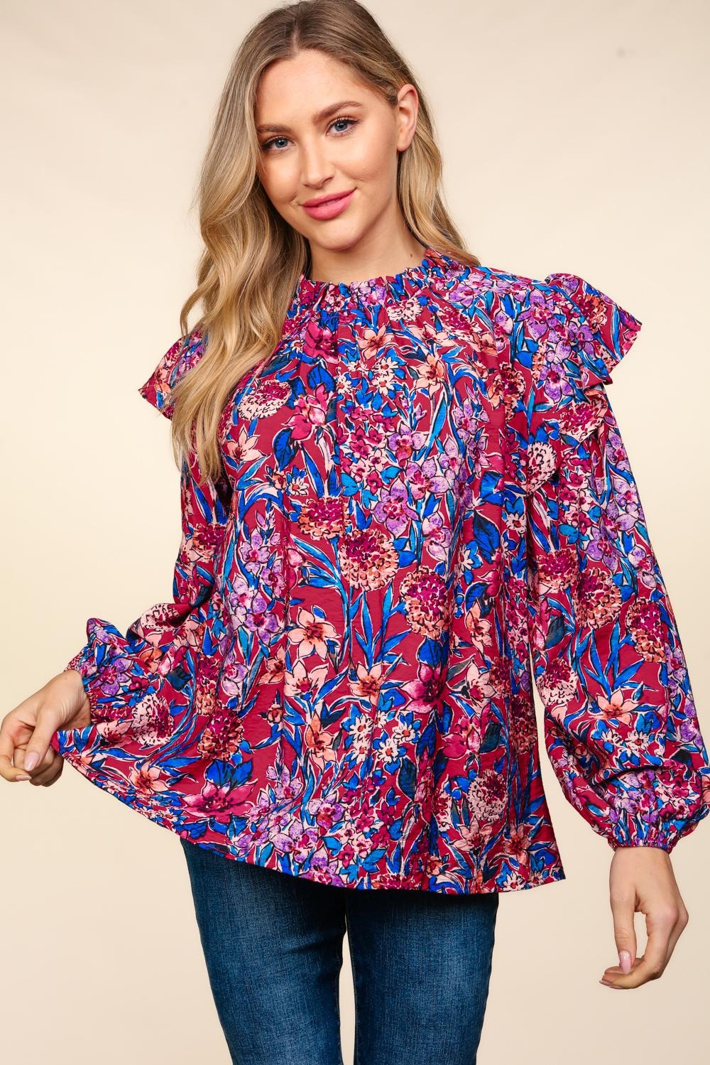 MOCK NECK WATERCOLOR FLORAL WOVEN BLOUSE TOP