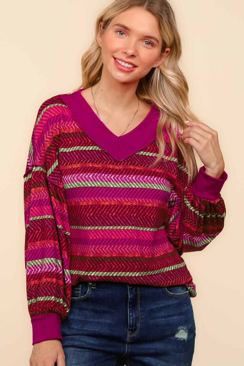 PLUS V NECK DROP SHOULDER STRIPE PRINT SWEATER TOP