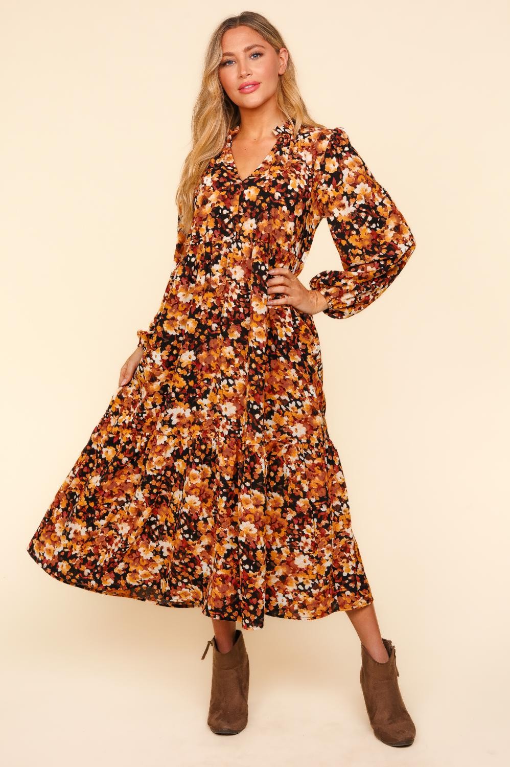 Babydoll Floral Maxi Dress with Side Pockets
