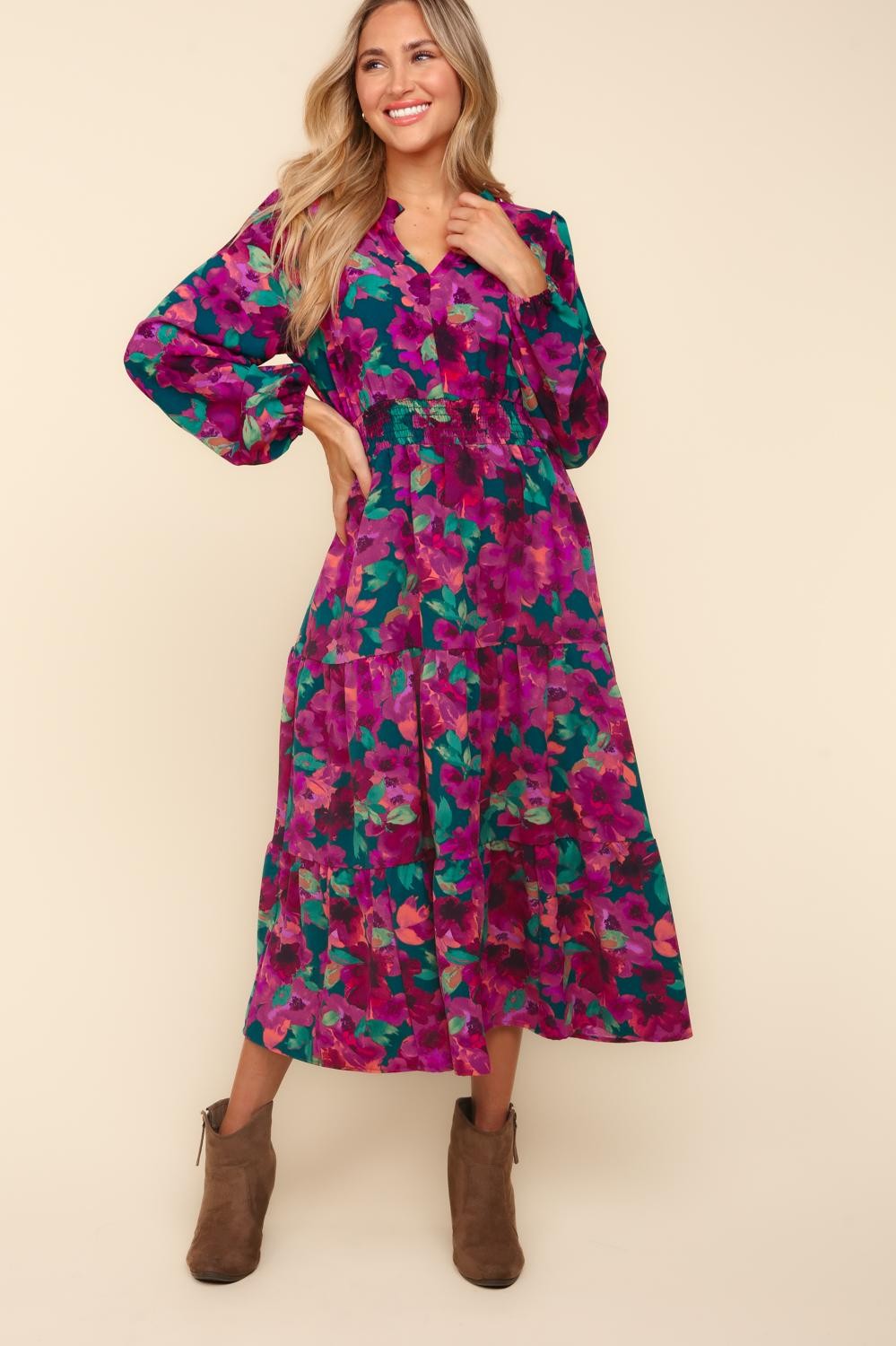 Floral Maxi Length Smocked Waist Woven Dress