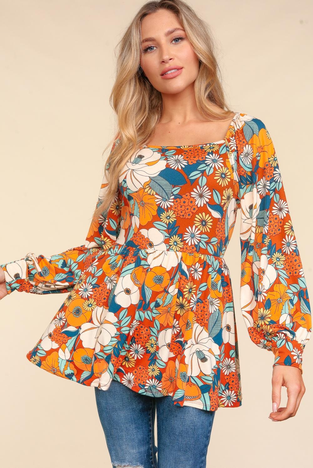 Plus Babydoll Peplum Vintage Floral Print Knit Top