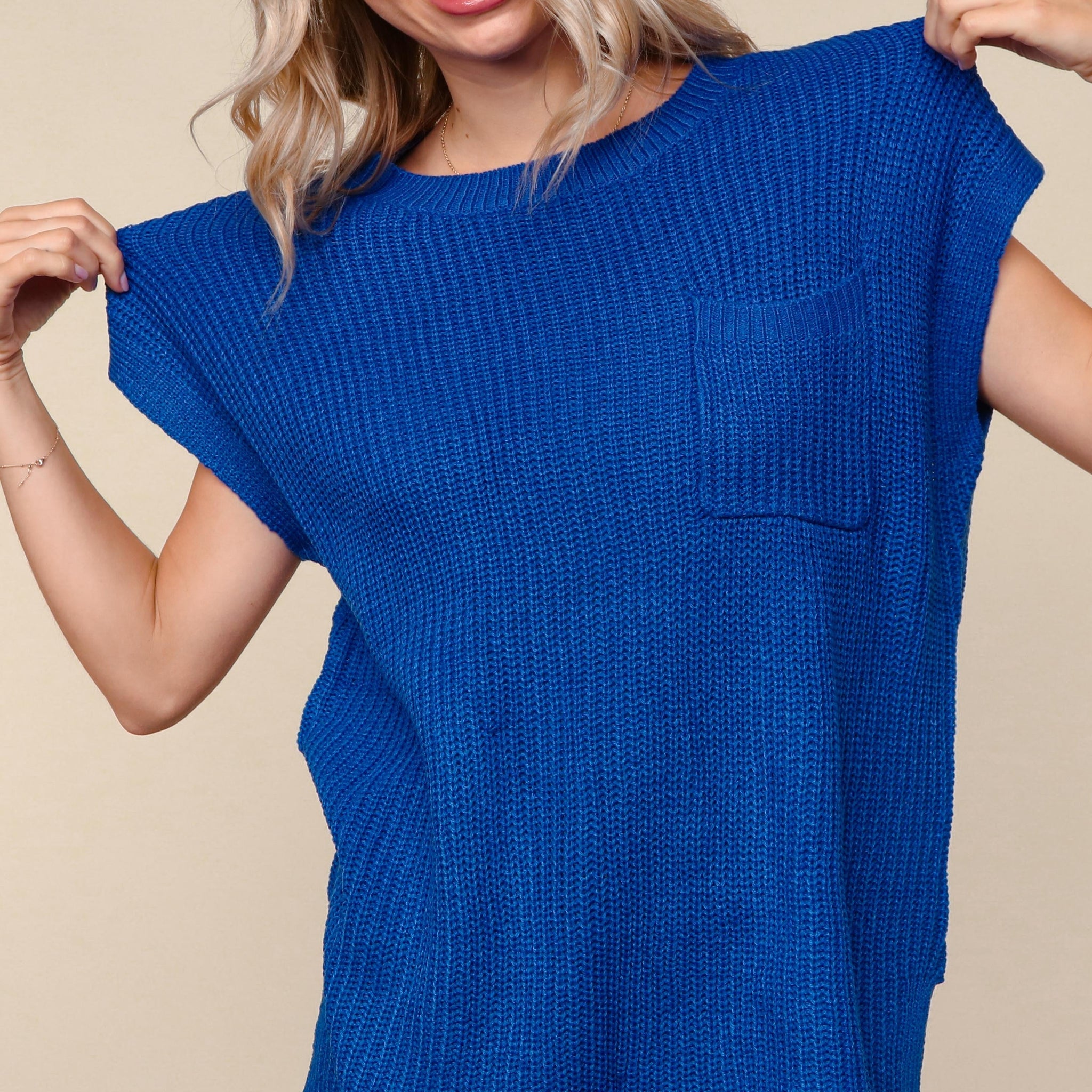 PLUS BLUE LOOSE FIT SOLID SWEATER KNIT TOP WITH POCKET
