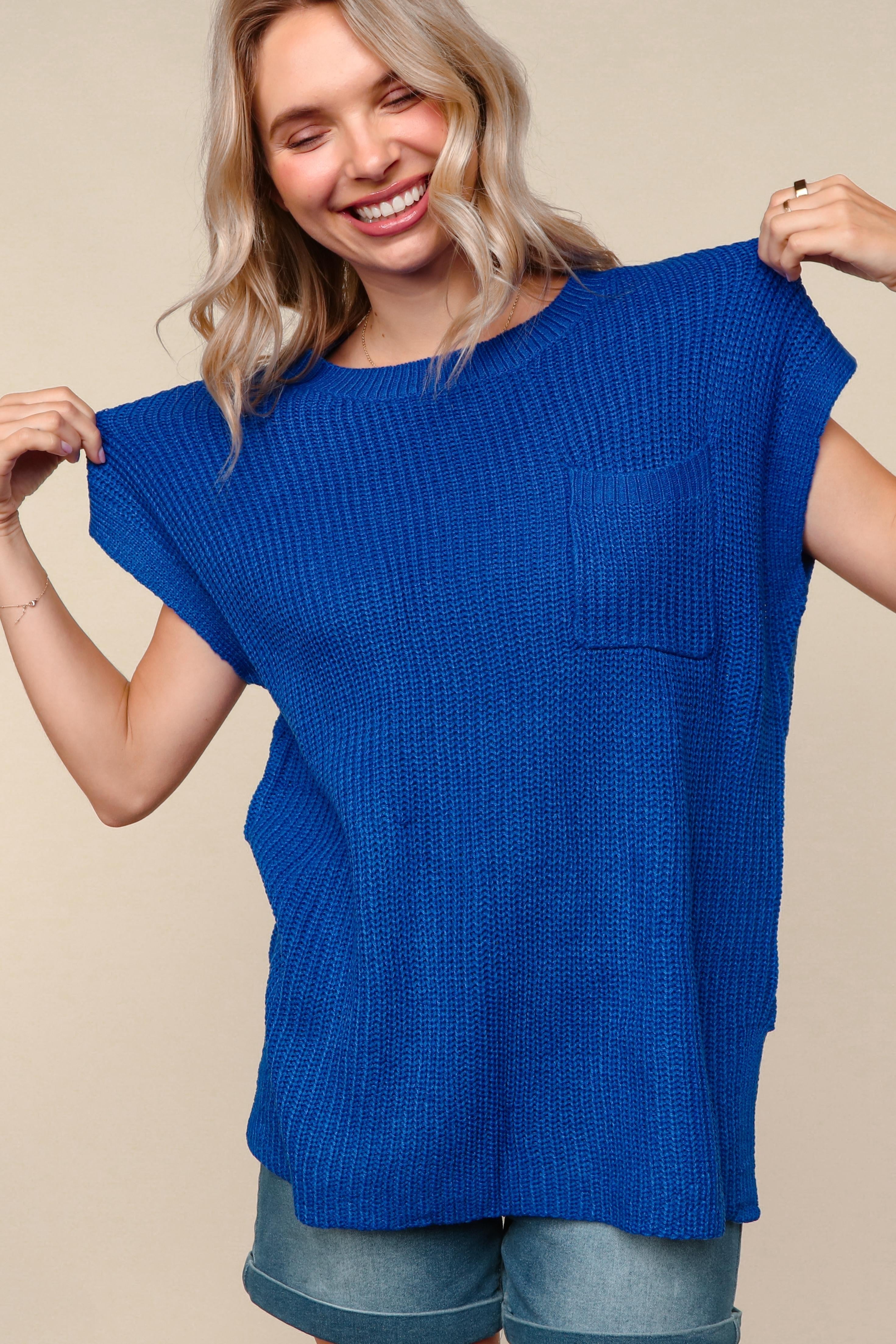 PLUS BLUE LOOSE FIT SOLID SWEATER KNIT TOP WITH POCKET