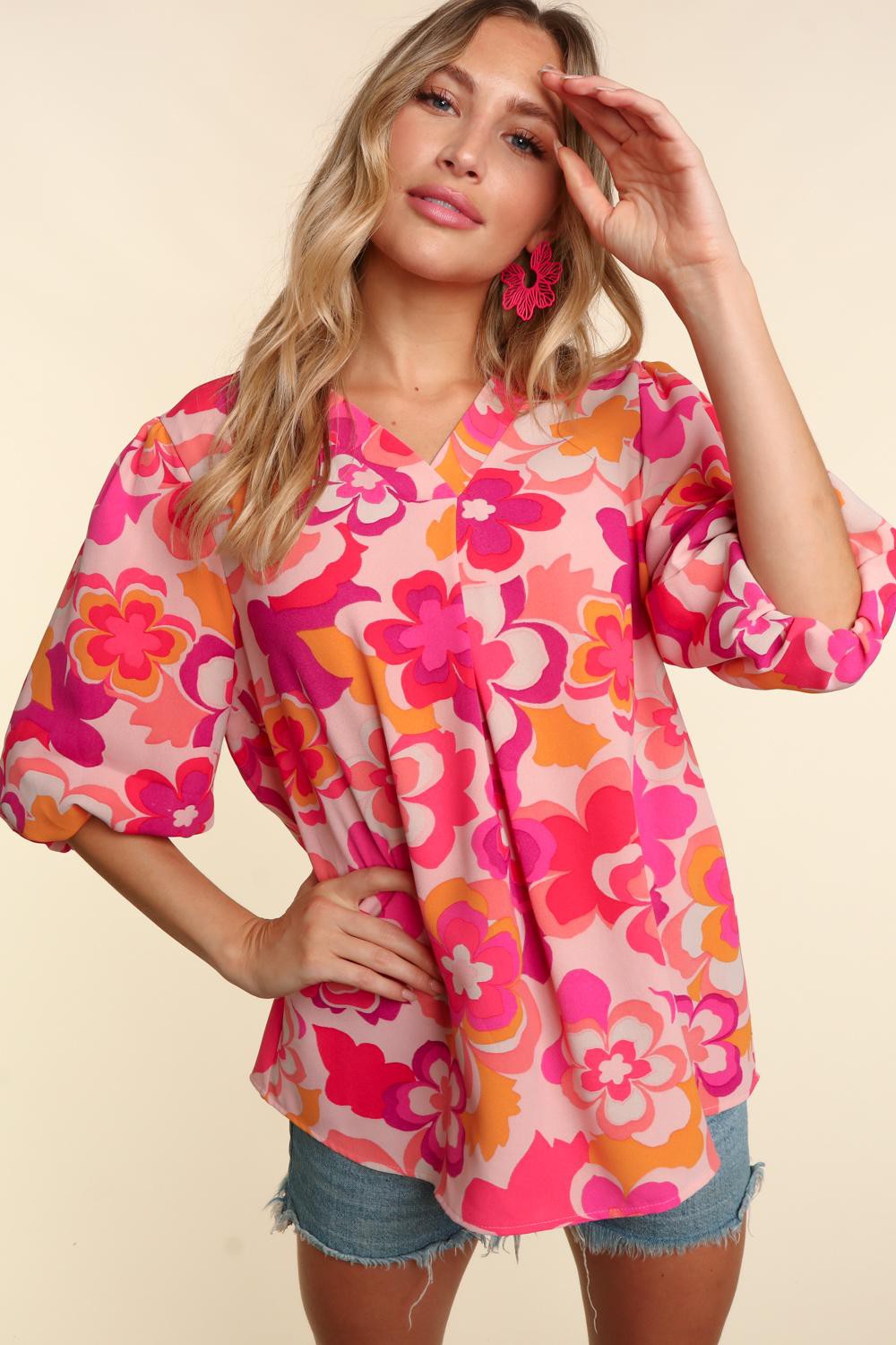 Plus Pink Fuchsia Floral Puff Bubble Elbow Length Sleeve Woven Top
