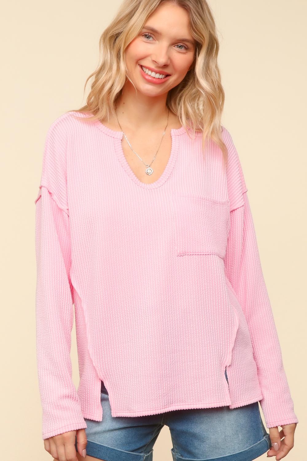 PLUS PINK NOTCH NECK DROP SHOULDER WITH POCKET KNIT TOP