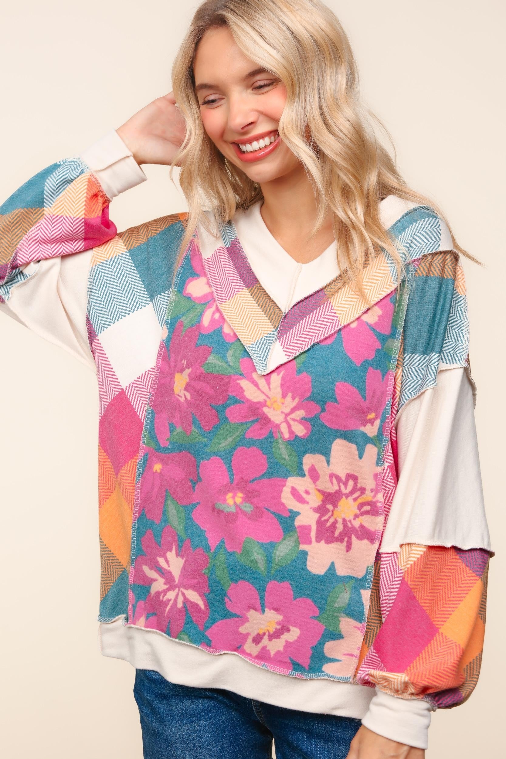 Plus Checker Plaid Floral Print Pullover Knit Top