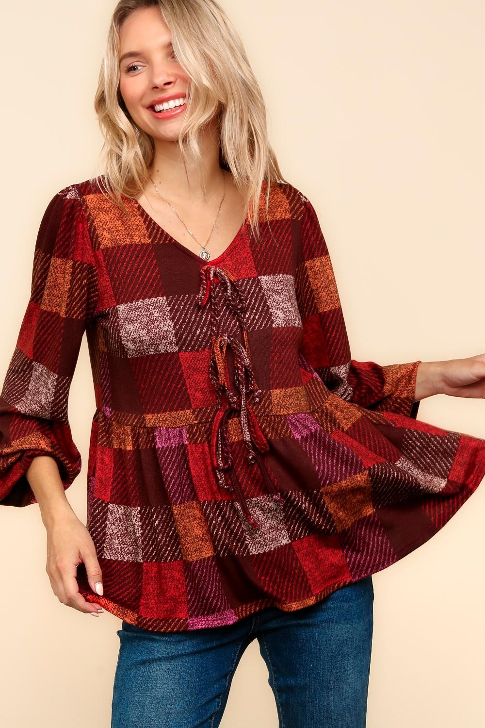 RIBBON TIE BABYDOLL PLAID BLOUSE TOP