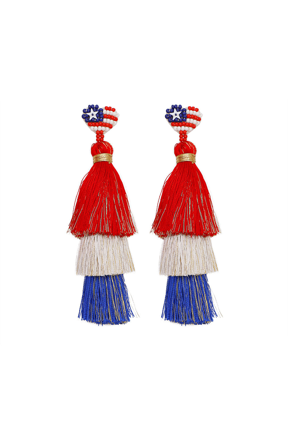 Red/White/Blue Tassel & Gold Dangle Earrings (Open Pack)